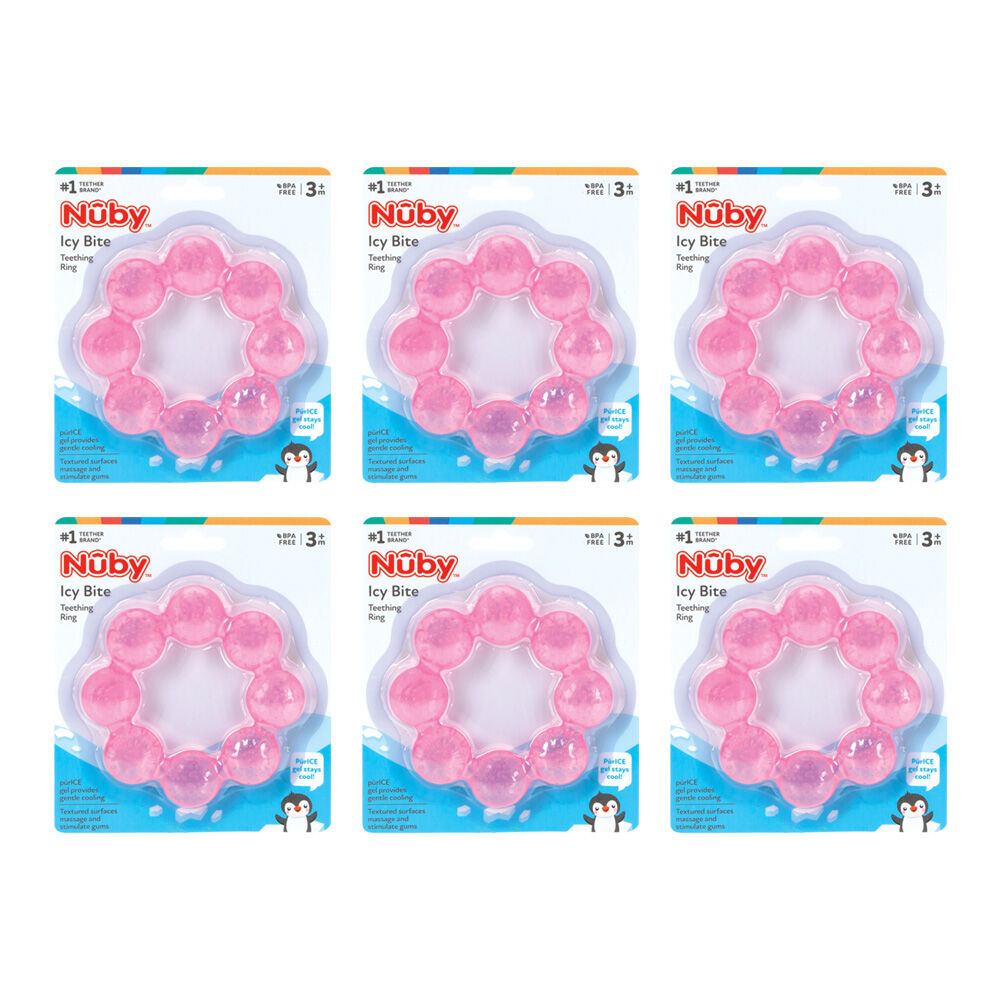 6x Nuby Icybite Teething Ring Cool Textured Soother Chew Baby Toy Pink 3m+