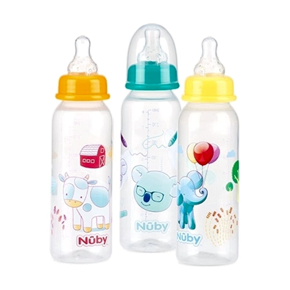 2x 3pc Nuby Standard Neck Baby Bottles W/ Vari Flow Teat 240ml Multicolour 0m+