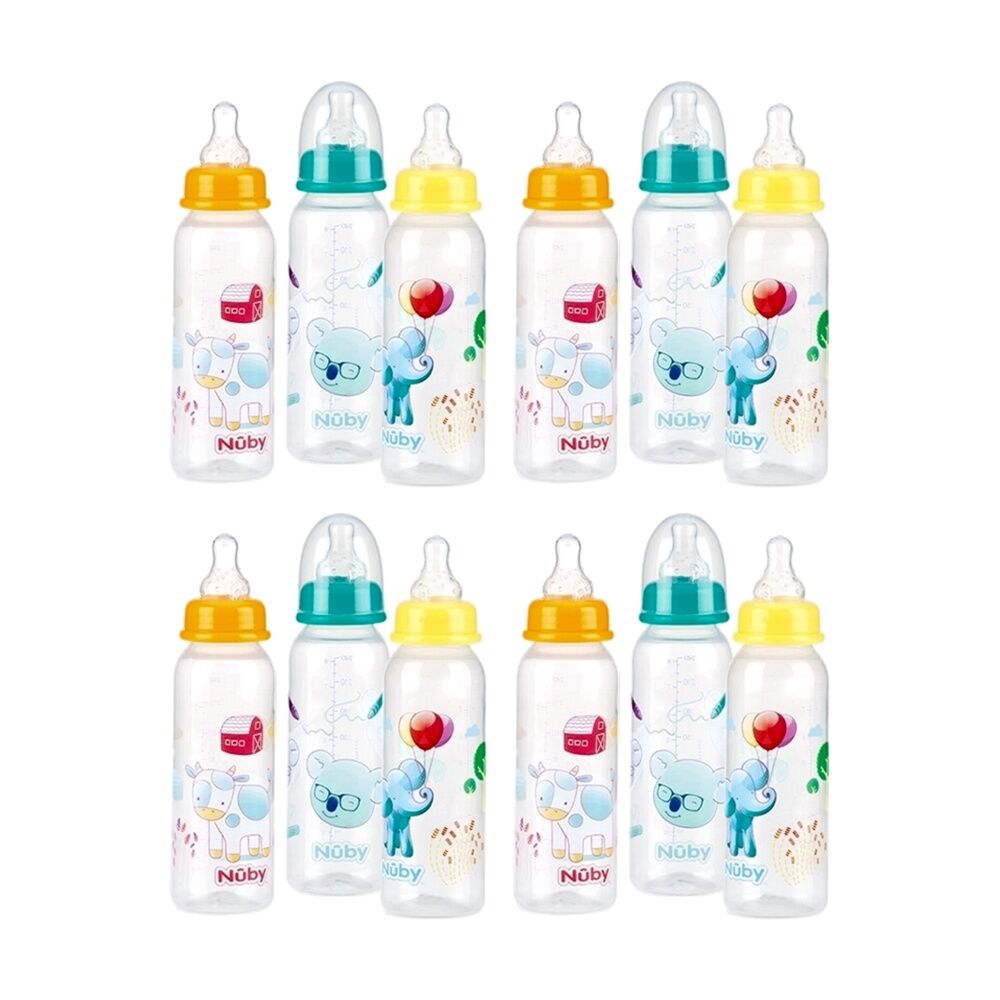 4x 3pc Nuby Standard Neck Baby Bottles W/ Vari Flow Teat 240ml Multicolour 0m+