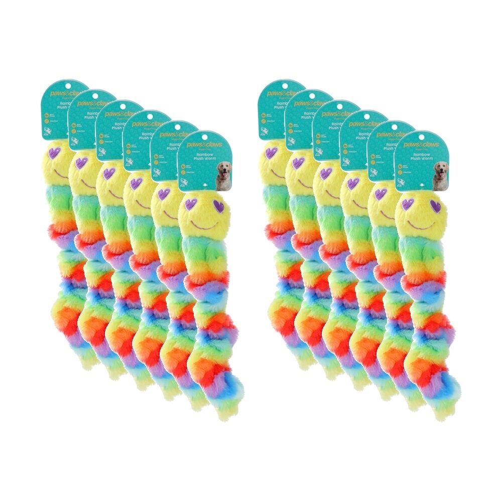 12x Paws And Claws Soft Stretchy Plush Worm Dog Chew/Cuddle/Tug Toy Rainbow