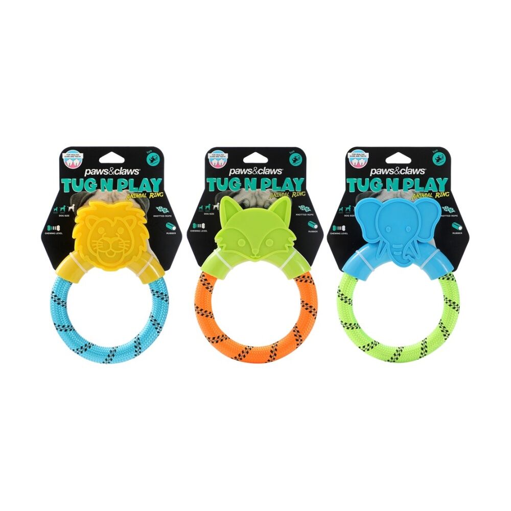 12x Paws And Claws TPR Animal Ring Tugger Dog Chew/Tug Toy 16x12cm Assorted