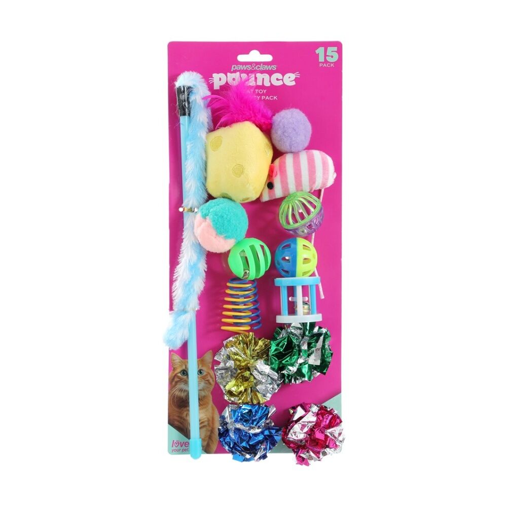 3x 15pc Paws And Claws Pet Cat Dangler/Batting/Pouncing Toy Play Set Multicoloured