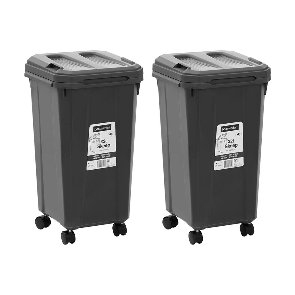 2x Boxsweden Skeep Indoor/Oudoor Durable Wheeled Wheelie Rubbish Bin 32L Assorted