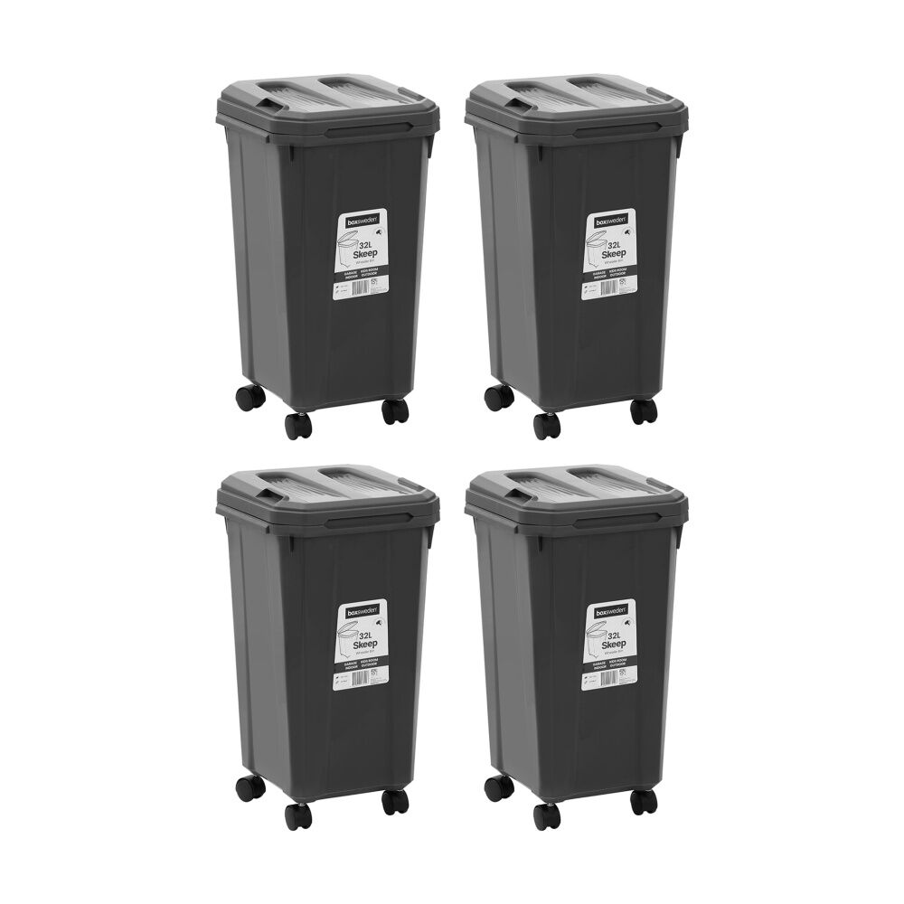4x Boxsweden Skeep Indoor/Oudoor Durable Wheeled Wheelie Rubbish Bin 32L Assorted