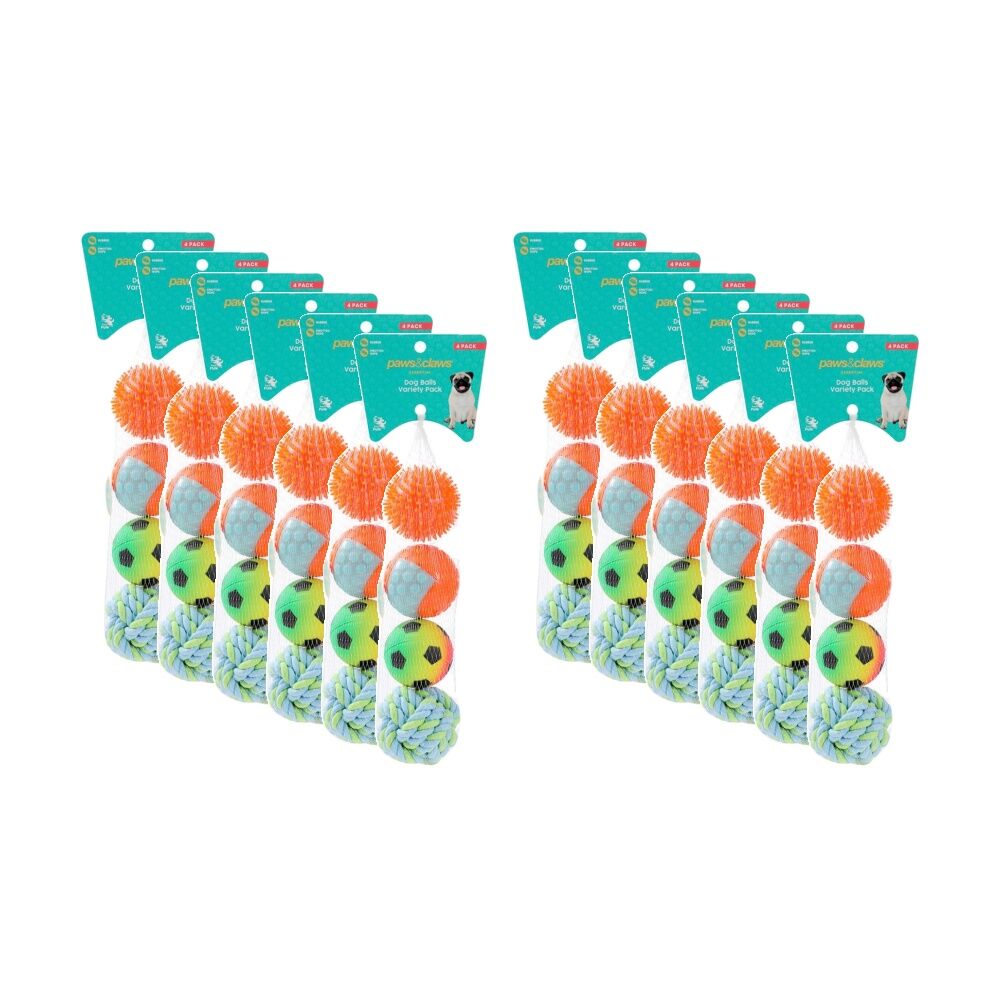 12x 4pc Paws And Claws Pet Dog Multi Ball Fetch/Catch Play Toy Set 6.5-7cm