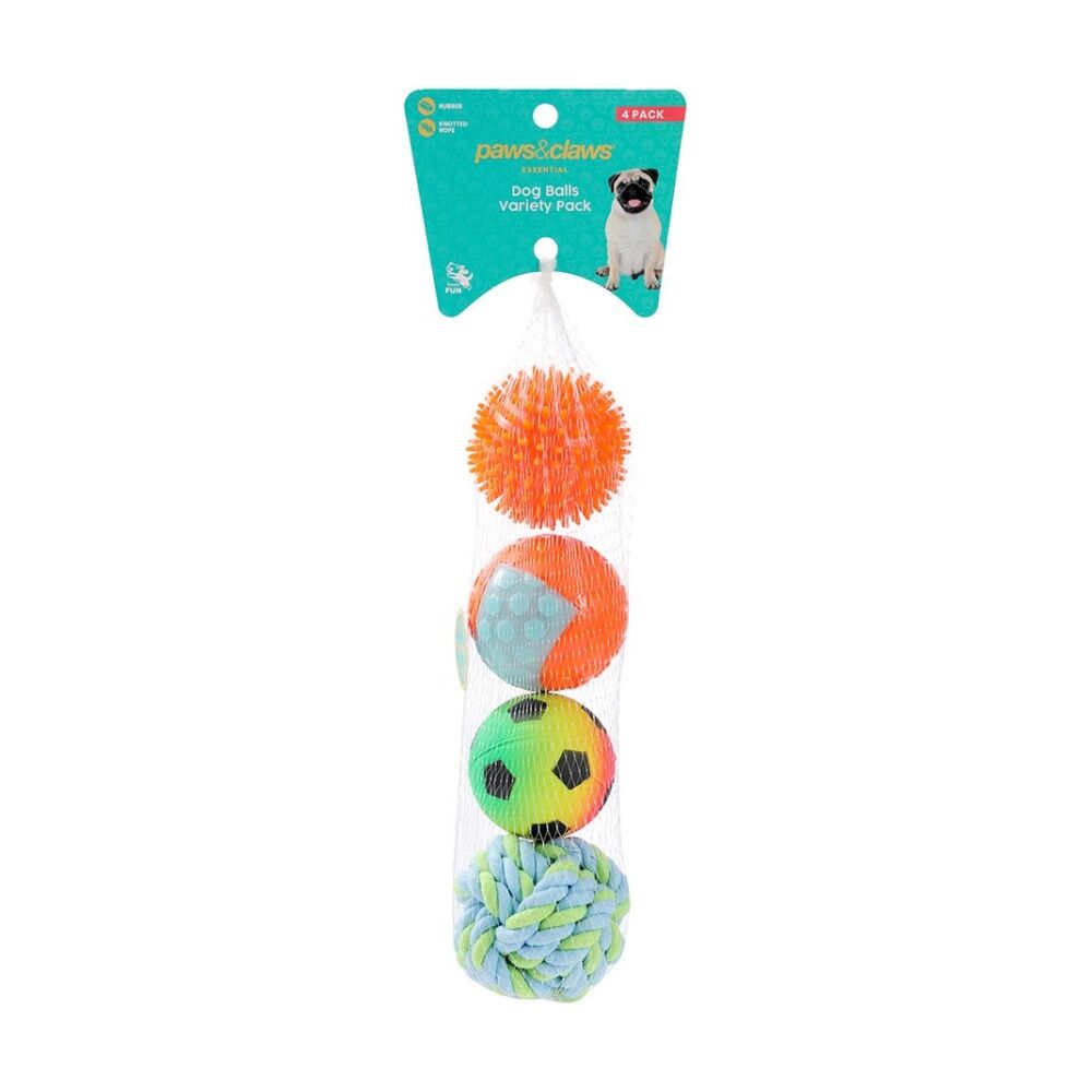 6x 4pc Paws And Claws Pet Dog Multi Ball Fetch/Catch Play Toy Set 6.5-7cm