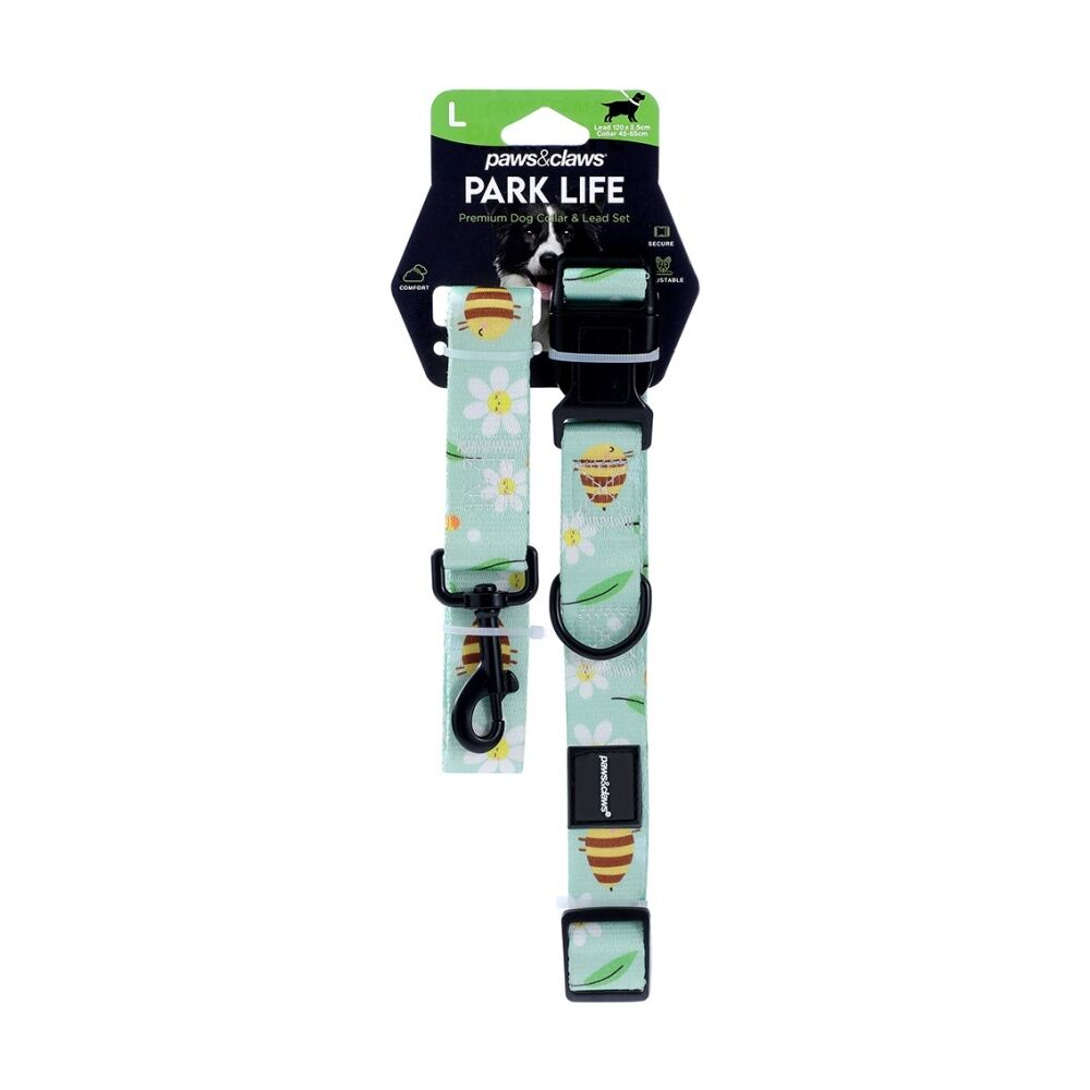 3PK Paws And Claws Pet Dog Collar Lead Set Large 120x2.5cm 45-65cm