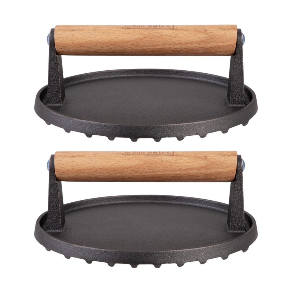 2PK Urban Grill Cast Iron Round BBQ Press W/ Ridged Base 17.5cm Diameter