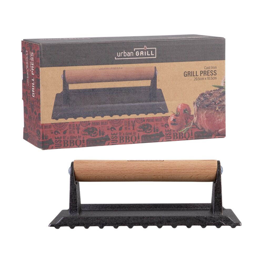 2PK Urban Grill Cast Iron Rectangle BBQ Press W/ Ridged Base 20.5x10.5cm