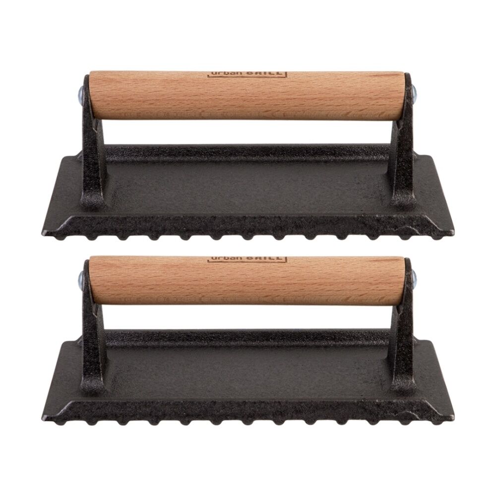 2PK Urban Grill Cast Iron Rectangle BBQ Press W/ Ridged Base 20.5x10.5cm