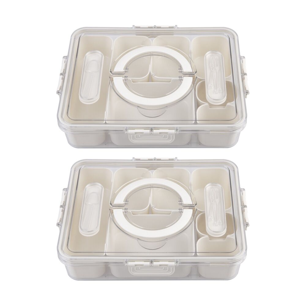 2PK Alfresco Lane Rectangular Grazing Box W/ 7 Compartments & Food Picks Cream