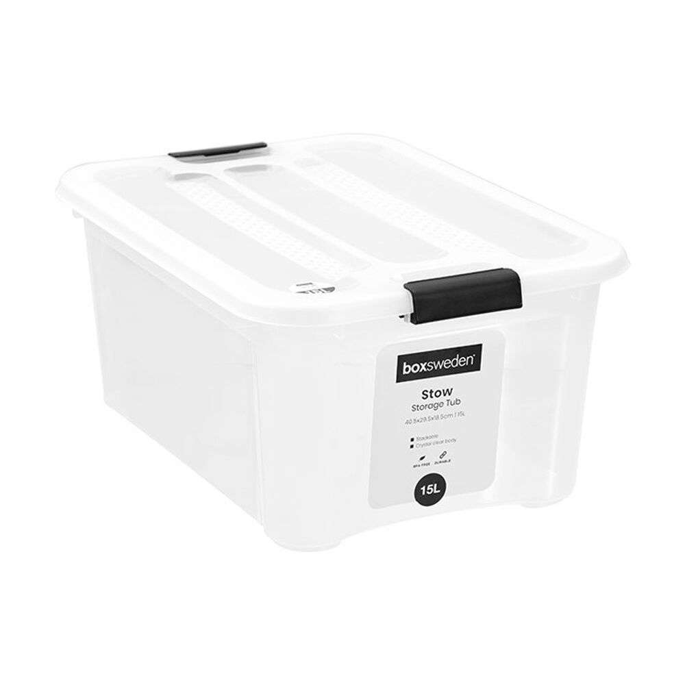 5PK Boxsweden Stow Storage Organisation Clear Container 40.5x29.5x18.5cm 15L