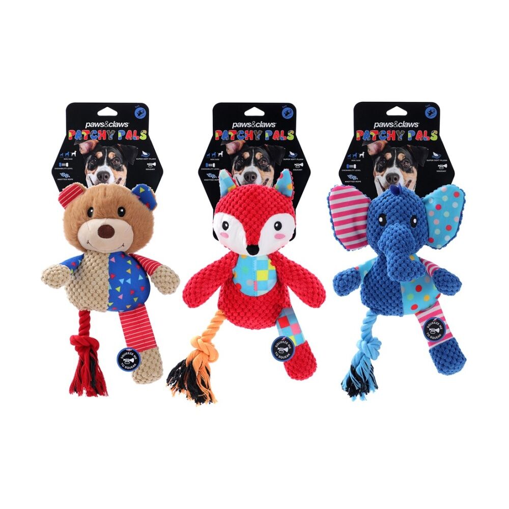 12x Paws And Claws Patchwork Plush Animals Dog Chew/Tug/Cuddle Toy 26x20cm Assorted