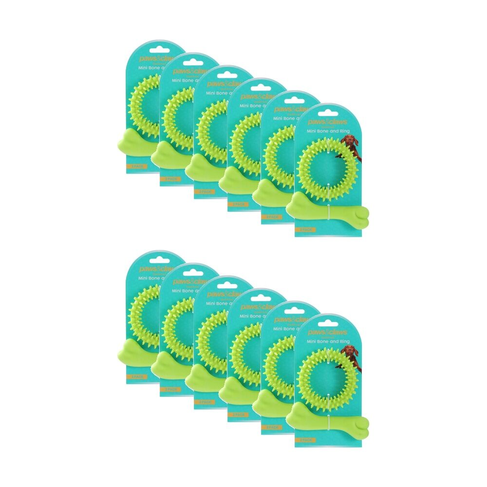 12x 2pc Paws And Claws Mini TPR Bone & Ring Pet Dog Chew/Fetch Toy Set Assorted