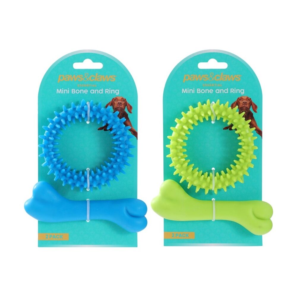 12x 2pc Paws And Claws Mini TPR Bone & Ring Pet Dog Chew/Fetch Toy Set Assorted