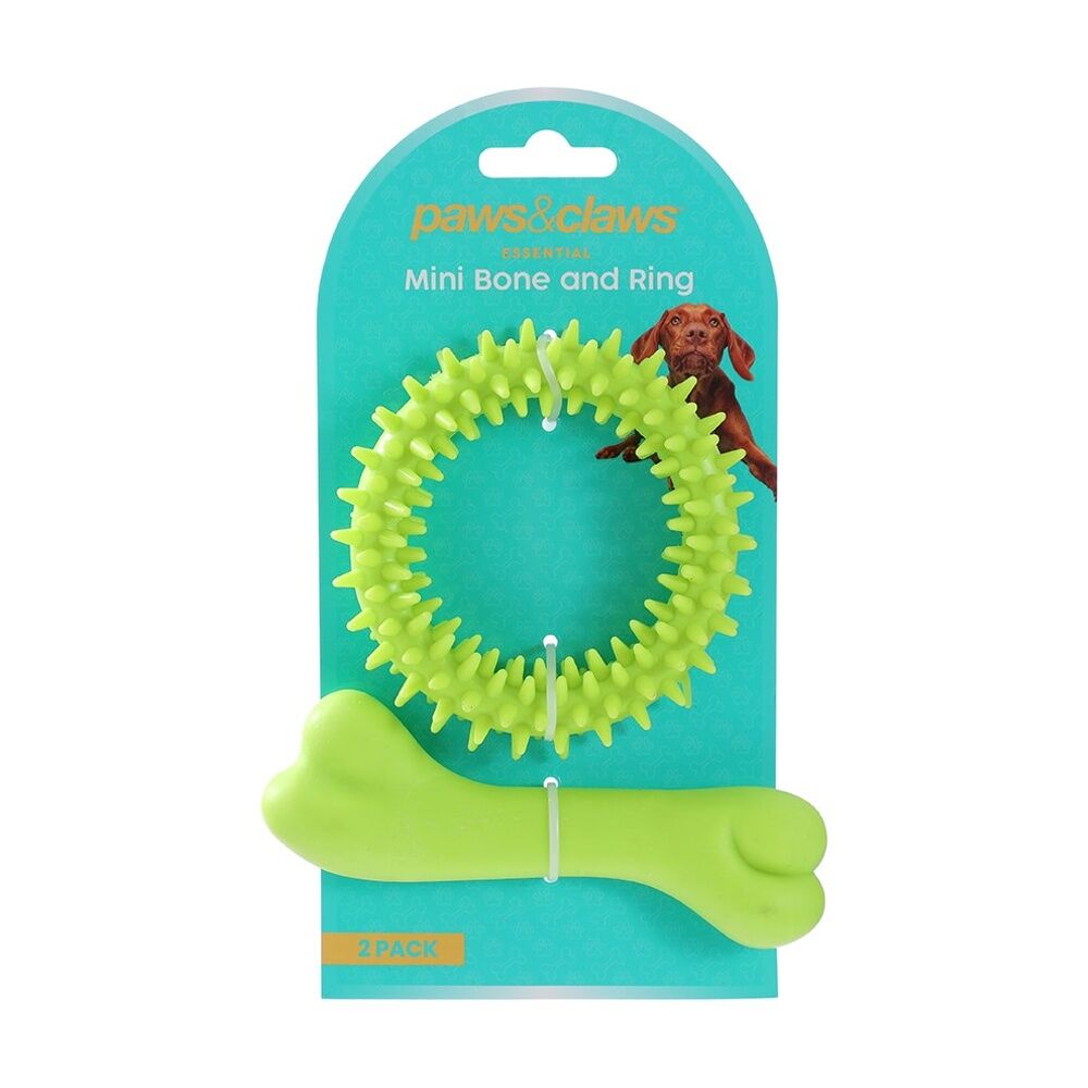 6x 2pc Paws And Claws Mini TPR Bone & Ring Pet Dog Chew/Fetch Toy Set Assorted