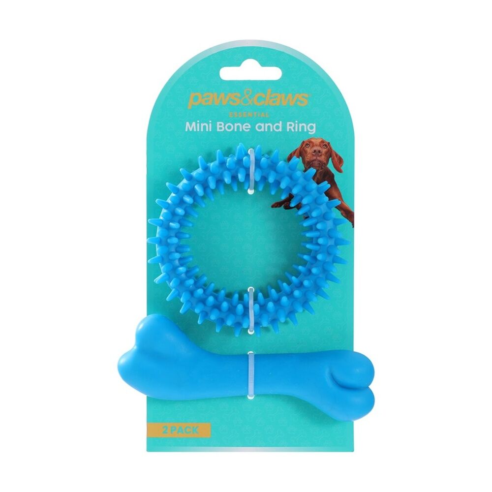 6x 2pc Paws And Claws Mini TPR Bone & Ring Pet Dog Chew/Fetch Toy Set Assorted