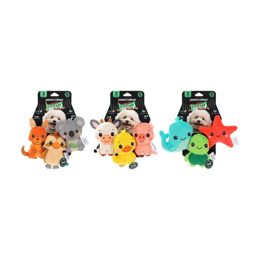 6x 3pc Paws And Claws Squeaky Squad Mini Plush Pet Dog Toys Assorted 7.5x9cm