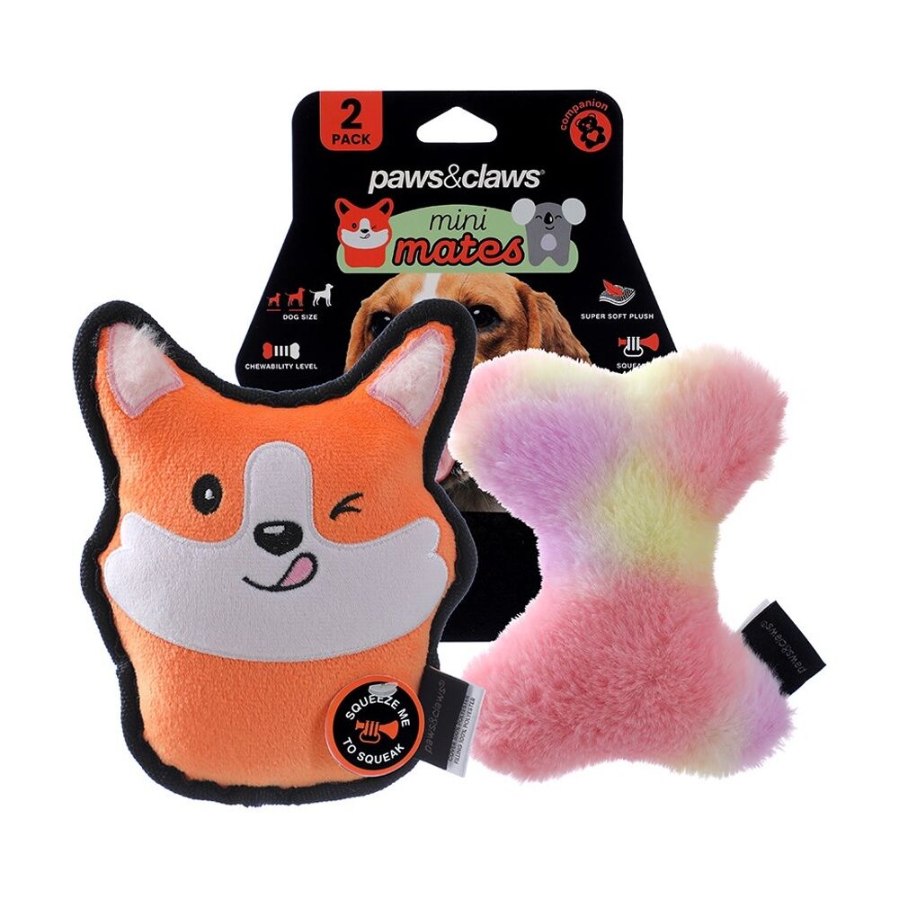 6x 2pc Paws And Claws Mini Mates Tiny Tuff & Bone Plush Dog Pet Toy Set Assorted