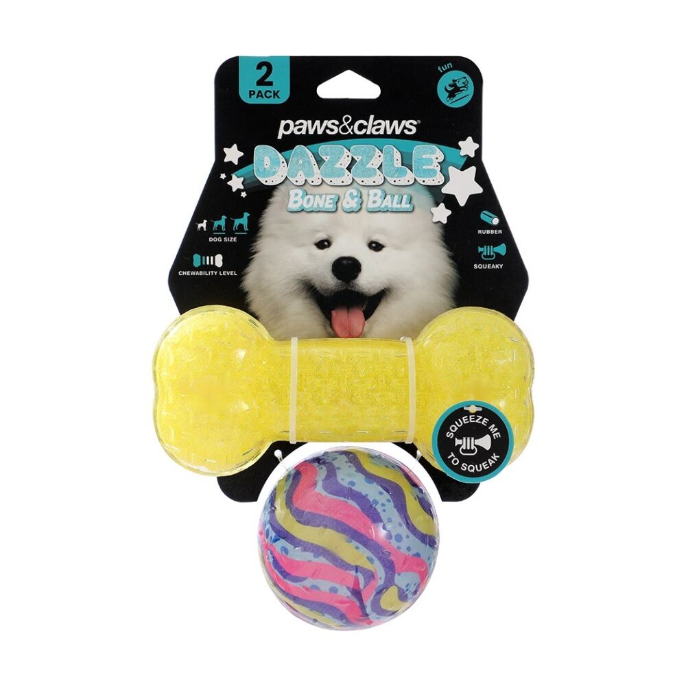 12x 2pc Paws And Claws Dazzle Bone Printed Ball Pet Dog Toy Set Assorted