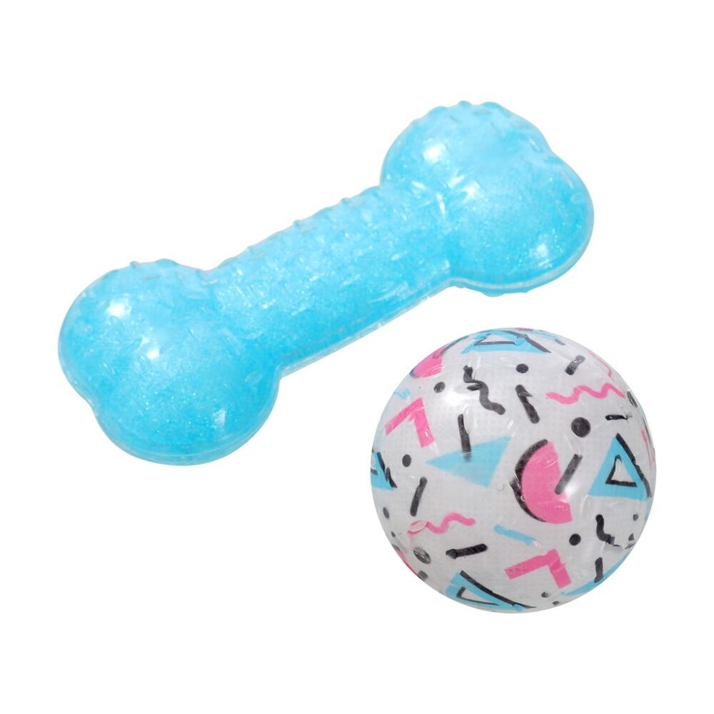 6x 2pc Paws And Claws Dazzle Bone Printed Ball Pet Dog Toy Set Assorted