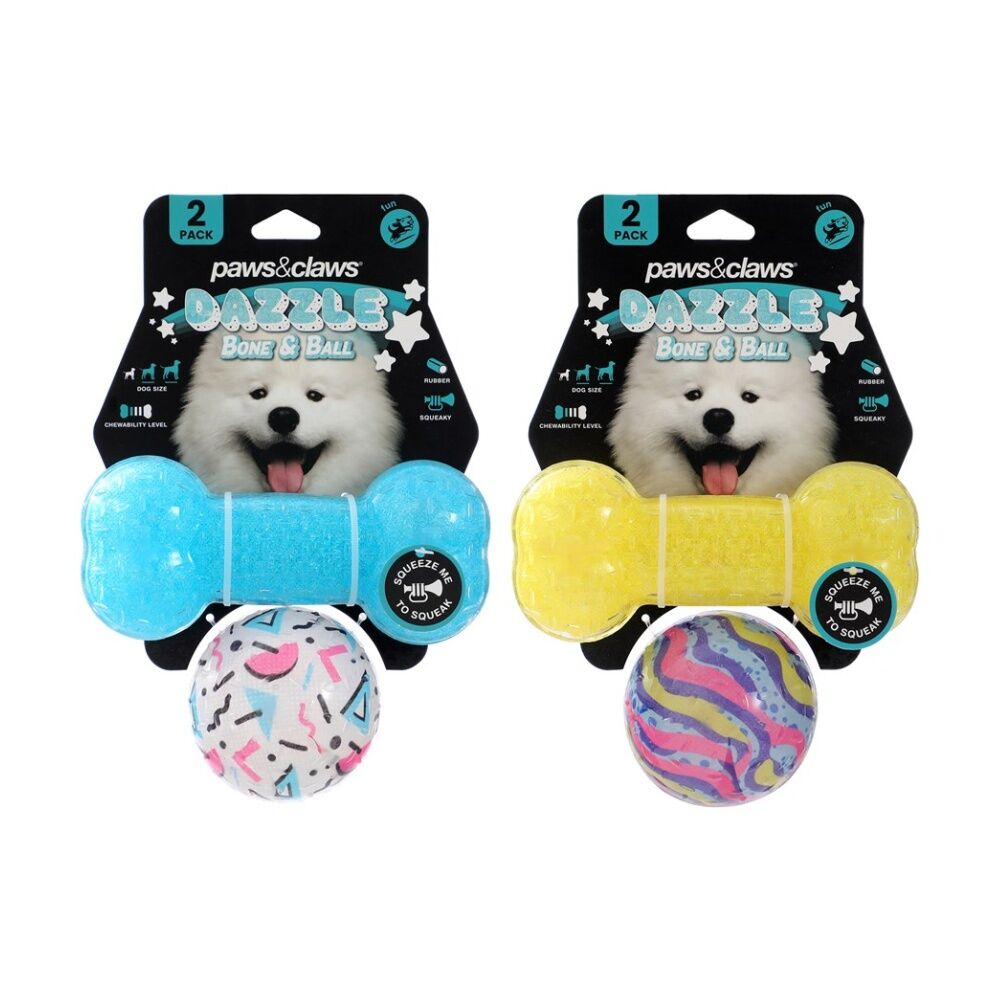 6x 2pc Paws And Claws Dazzle Bone Printed Ball Pet Dog Toy Set Assorted