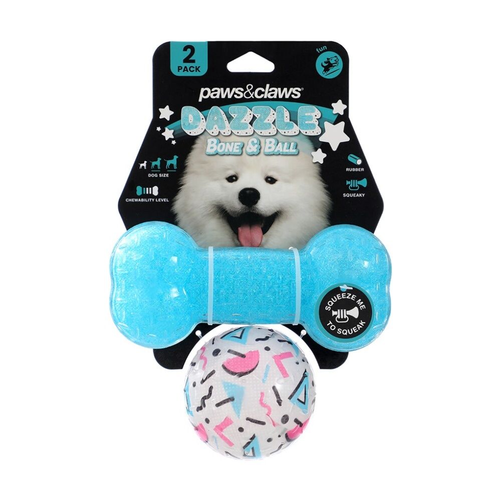 6x 2pc Paws And Claws Dazzle Bone Printed Ball Pet Dog Toy Set Assorted