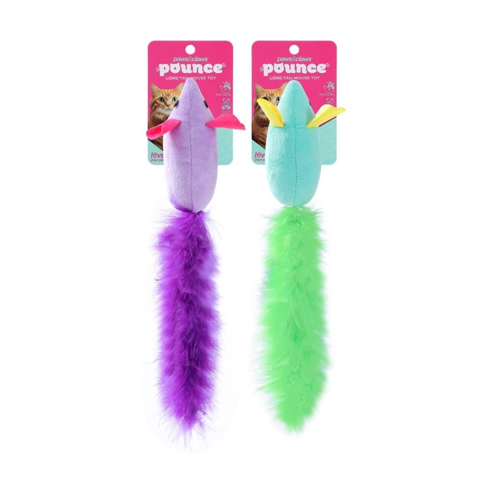 12PK Paws And Claws Pounce Long Tail Mouse Plush Pet Cat Toy Assorted 12x3x4.5cm