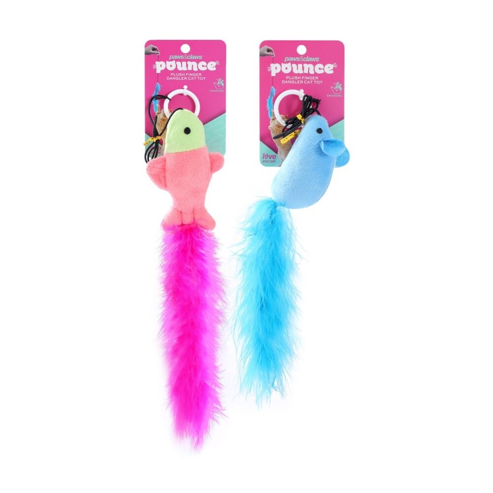 12PK Paws And Claws Pounce Plush Finger Dangler Pet Cat Toy Boa Assorted 4x54cm