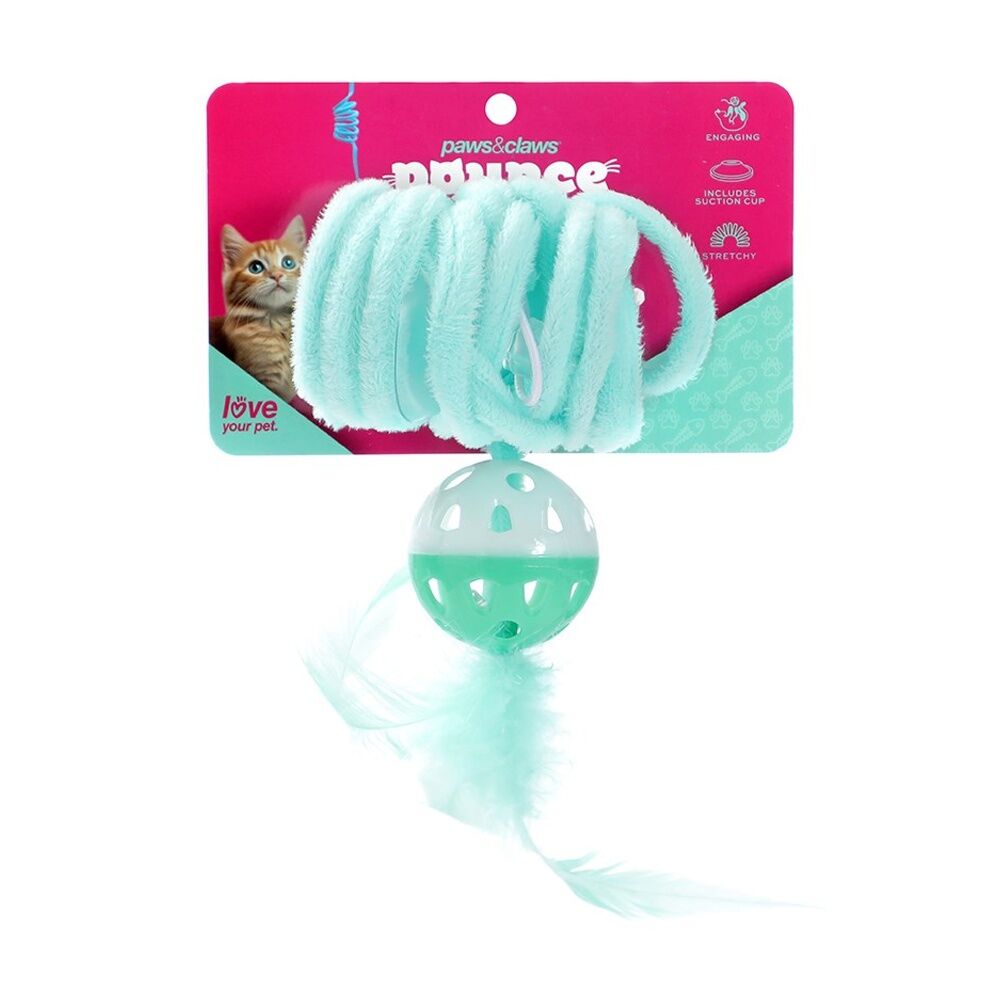 12x Paws And Claws Springing Cat Toy W/ Suction Feather Ball 95x4.5x4.5cm Assorted