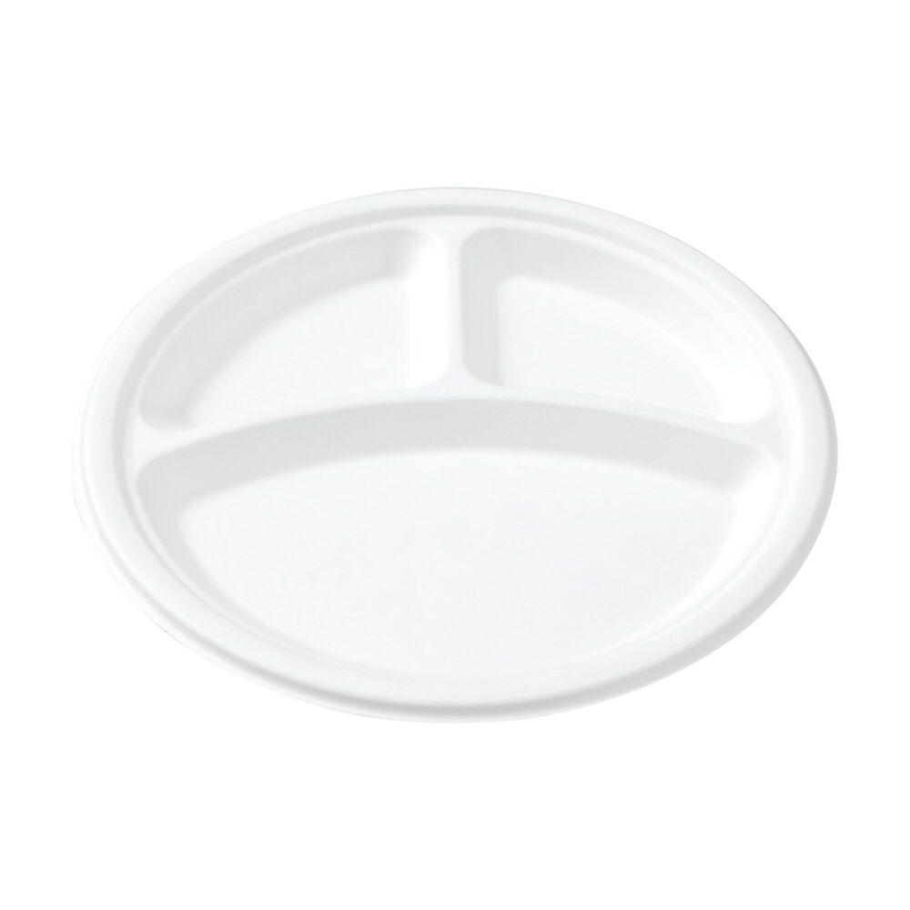 12x 10pc Lemon And Lime Sugarcane 3 Compartment Plate Compost White 26cm