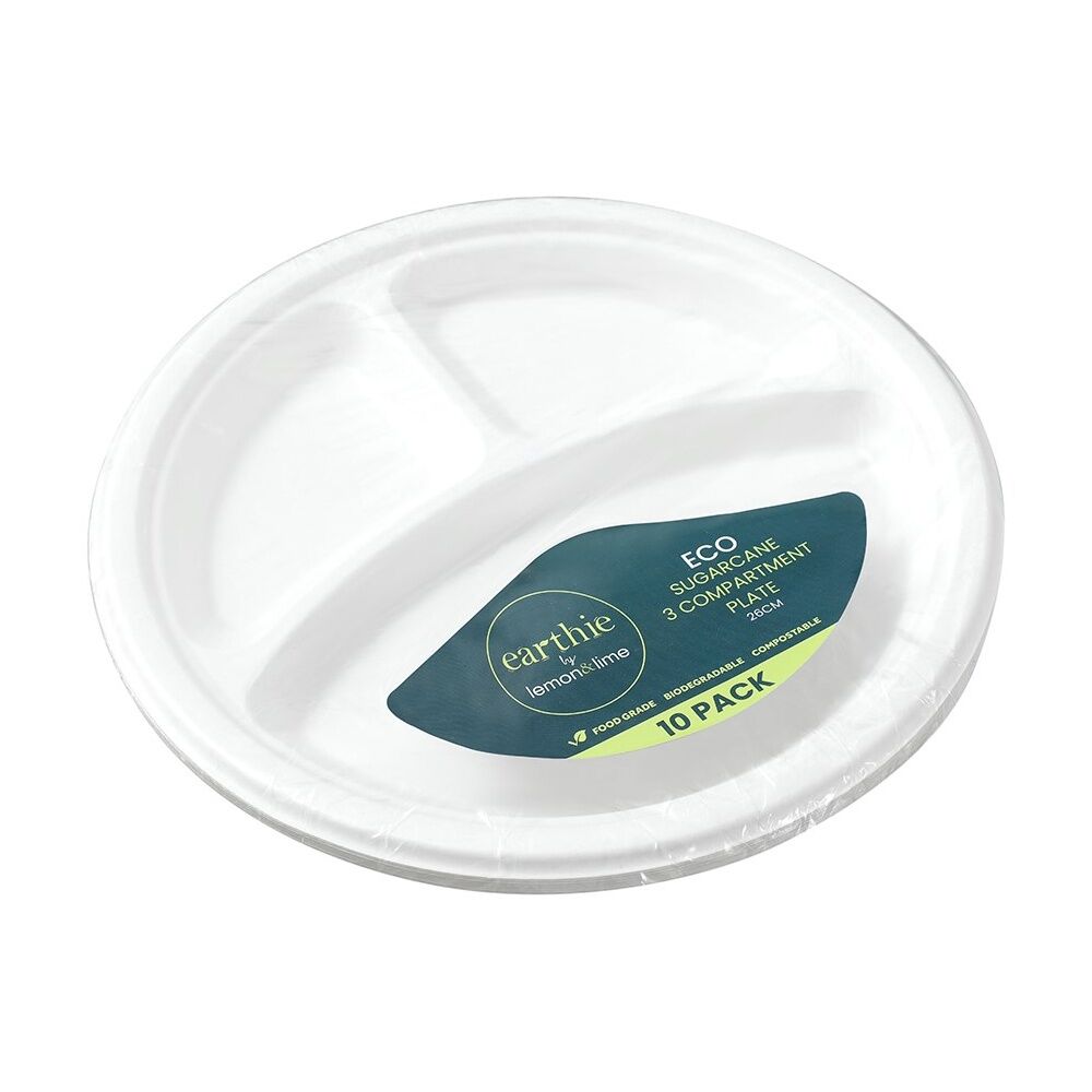 24x 10pc Lemon And Lime Sugarcane 3 Compartment Plate Compost White 26cm