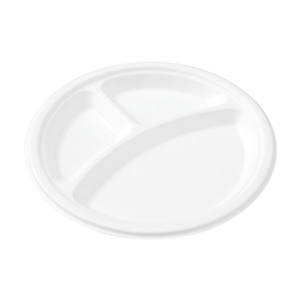 24x 10pc Lemon And Lime Sugarcane 3 Compartment Plate Compost White 26cm