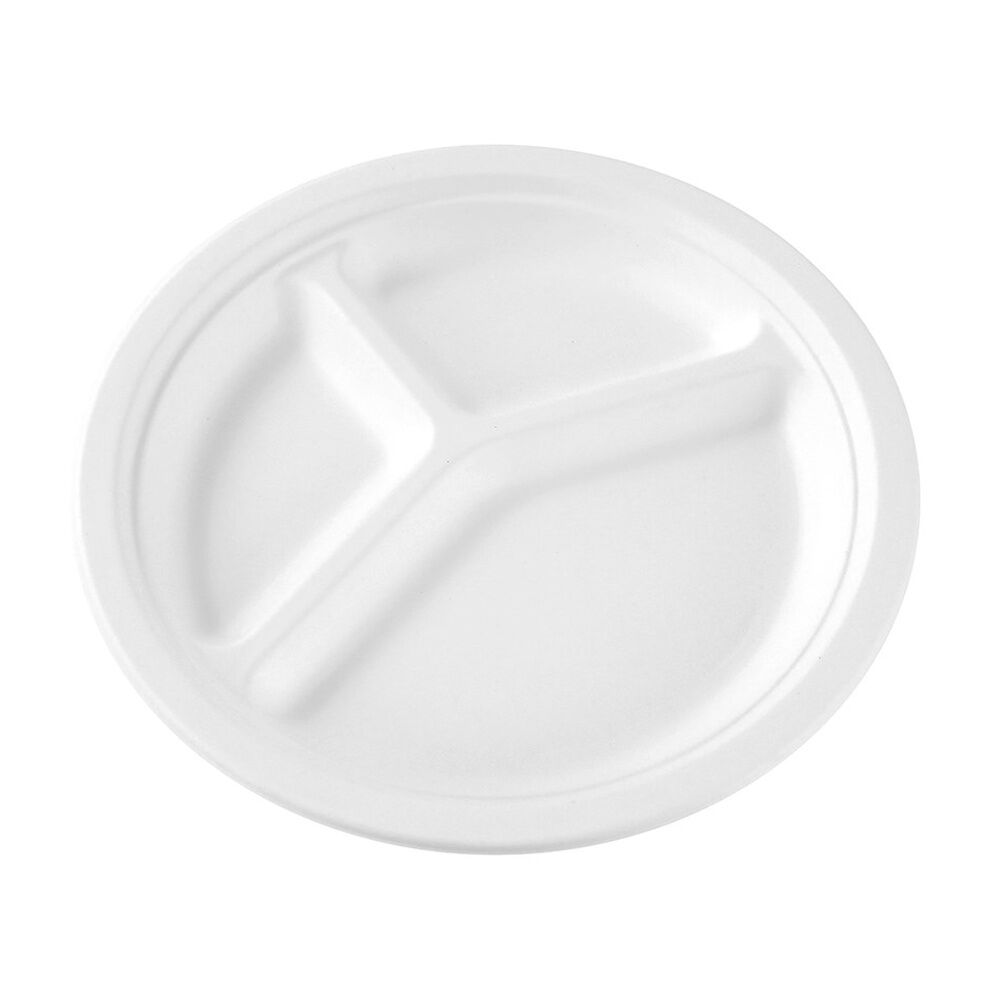 24x 10pc Lemon And Lime Sugarcane 3 Compartment Plate Compost White 26cm