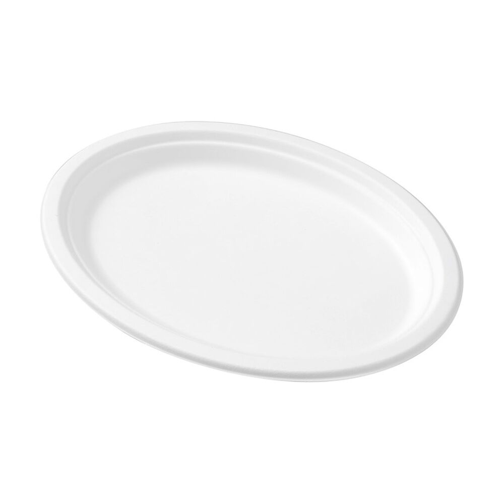 24x 10pc Lemon And Lime Sugarcane Oval Plate Biodegradable White 26x20cm