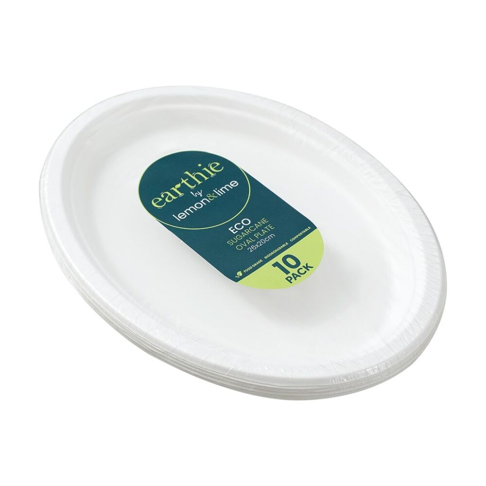 24x 10pc Lemon And Lime Sugarcane Oval Plate Biodegradable White 26x20cm