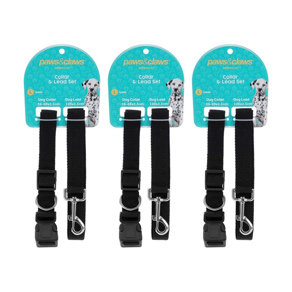 3x Paws And Claws Essentials Pet Dog Collar & Lead Set Large Assorted