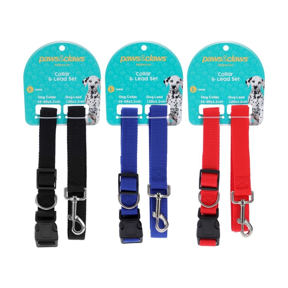3x Paws And Claws Essentials Pet Dog Collar & Lead Set Large Assorted