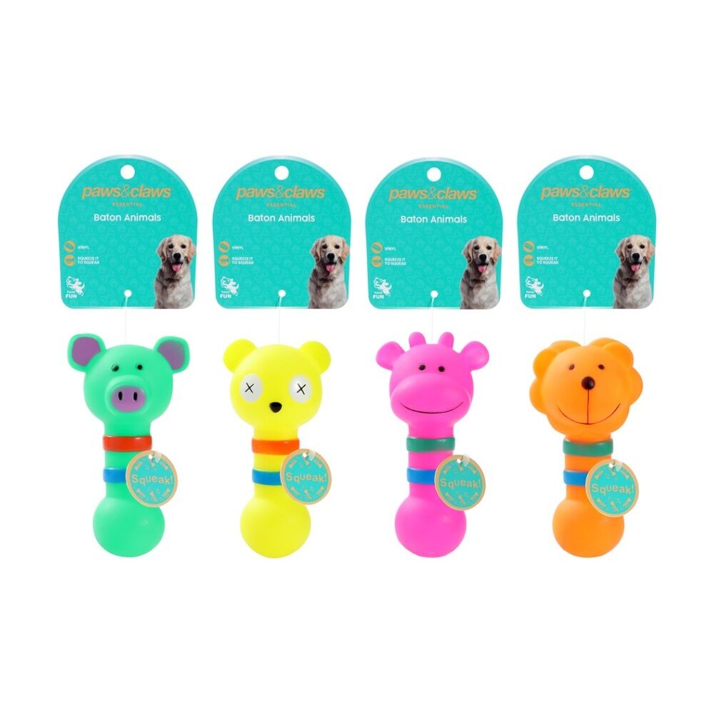 12x Paws And Claws Vinyl Baton Animals Pet Dog Squeaky Chew Toy 13.5x7cm Assorted