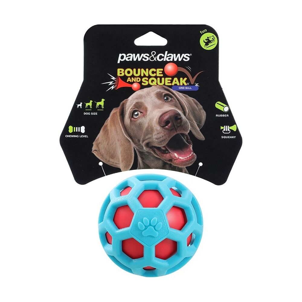 6x Paws And Claws TPR Cage Ball W/ Squeaker Pet Dog Fetch/Chase Toy 9cm Assorted