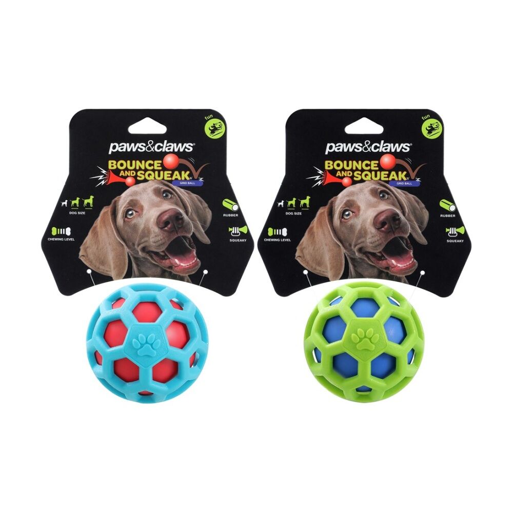 6x Paws And Claws TPR Cage Ball W/ Squeaker Pet Dog Fetch/Chase Toy 9cm Assorted