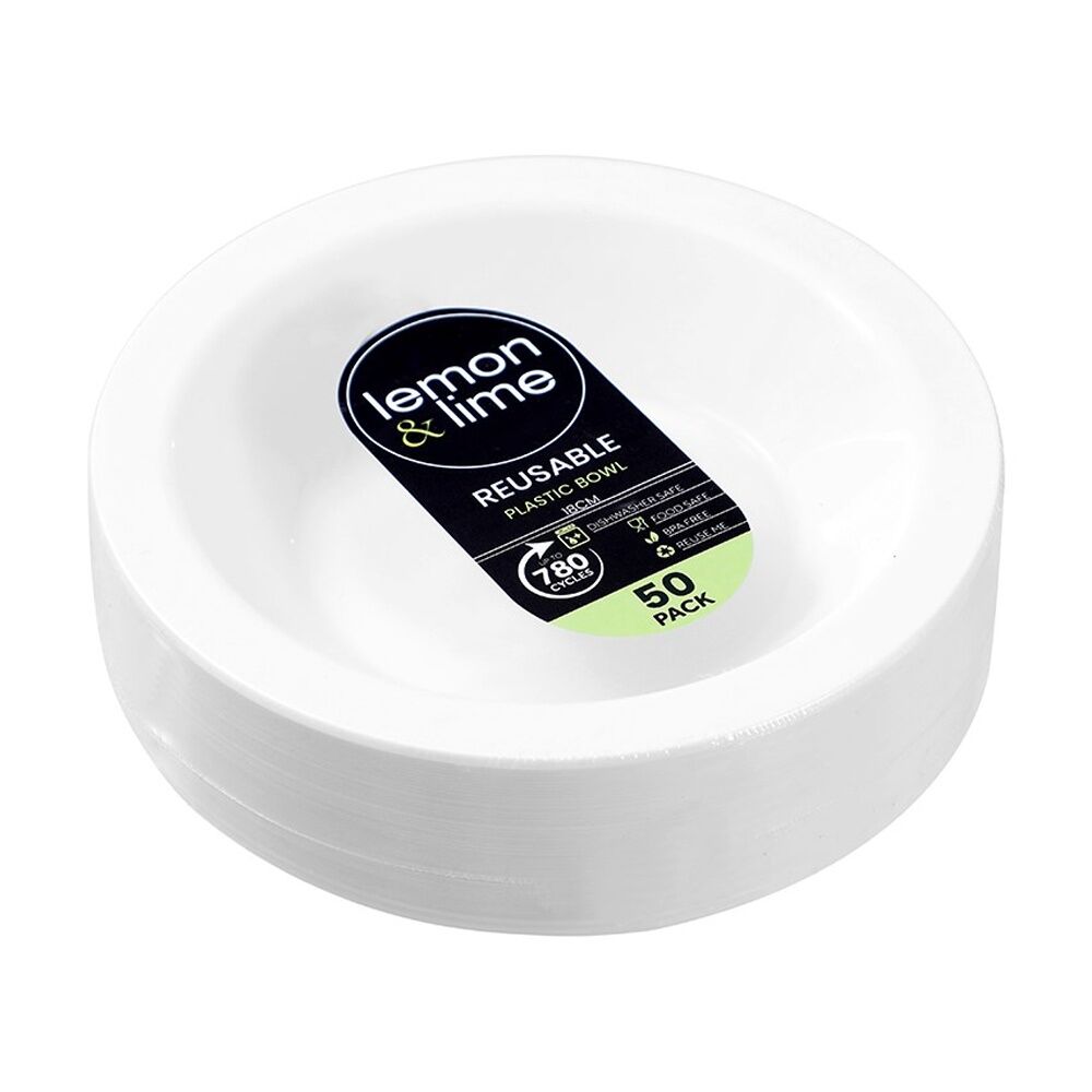 6x 50pc Lemon And Lime Reusable Plastic Food Serving Bowls Dinner Set White 18cm