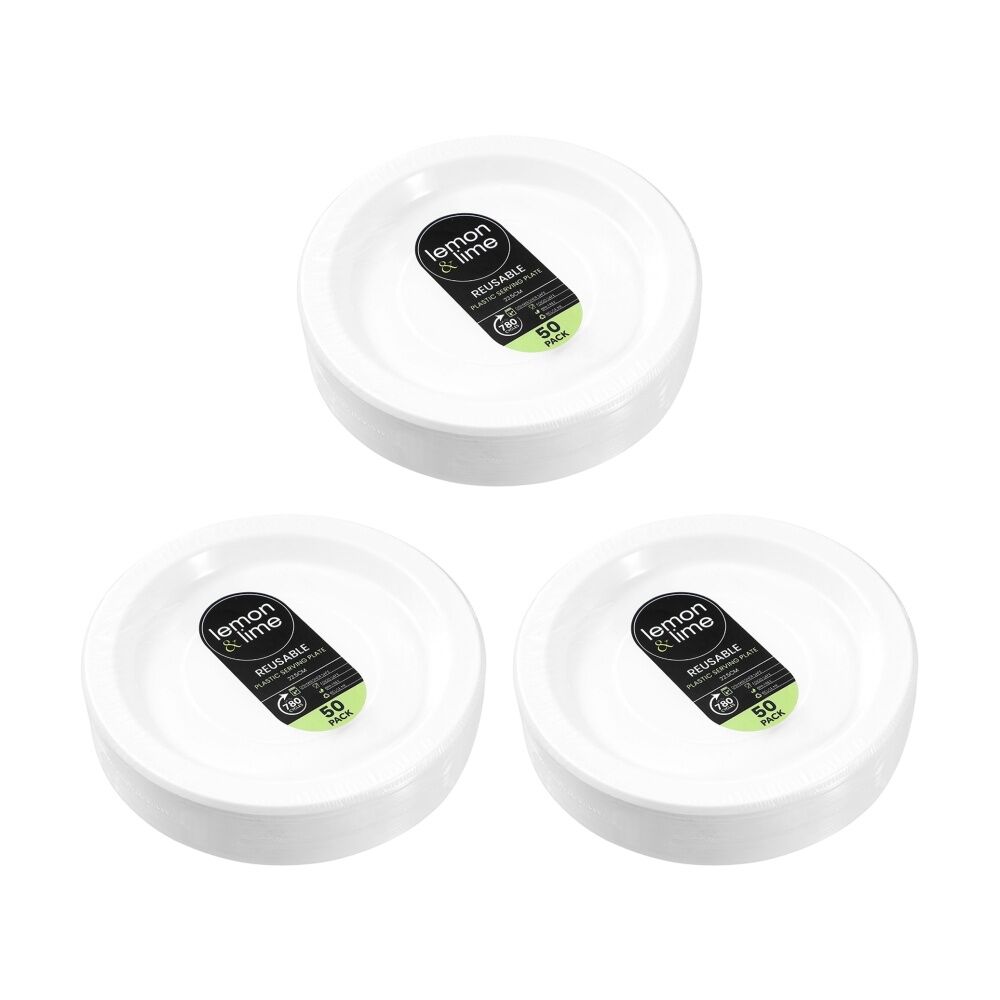 3x 50pc Lemon And Lime Reusable Plastic Food Serving Plates Dinner Set White 22.5cm