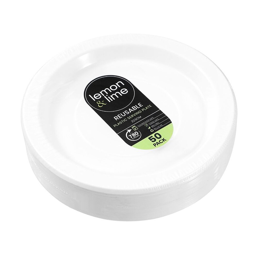 3x 50pc Lemon And Lime Reusable Plastic Food Serving Plates Dinner Set White 22.5cm