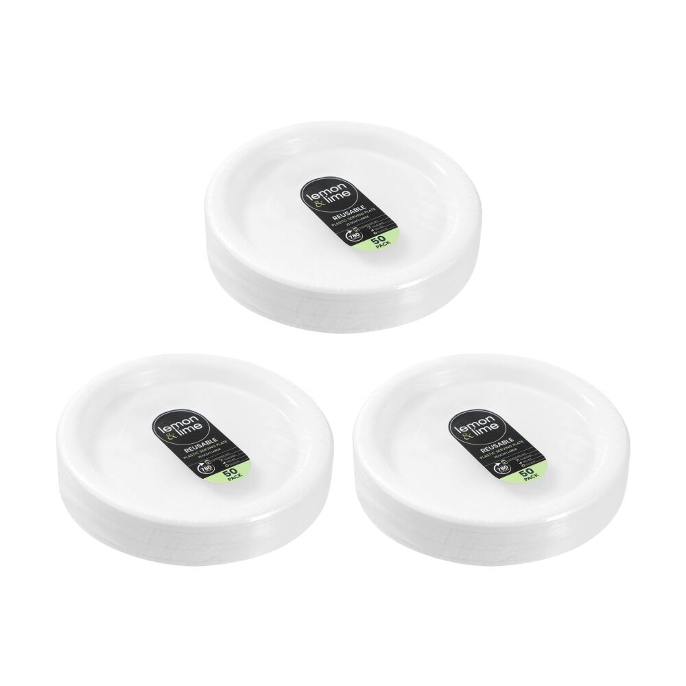 3x 50pc Lemon And Lime Reusable Plastic Food Dinner Plates Set White 25.5cm