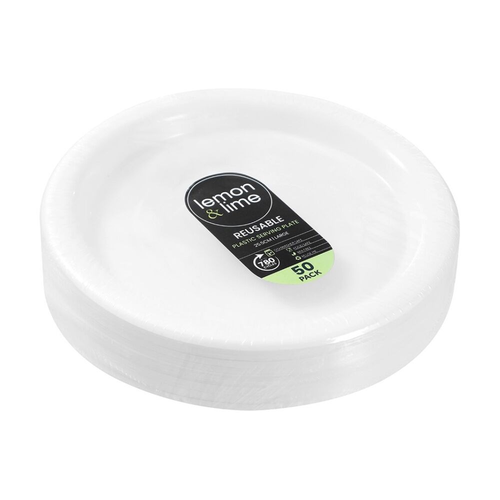 6x 50pc Lemon And Lime Reusable Plastic Food Dinner Plates Set White 25.5cm
