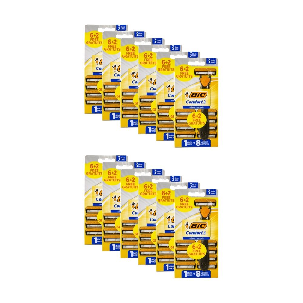 12PK BIC Razor Comfort 3 With 1 Handle Plus 8 Cartridges Pack Refillable