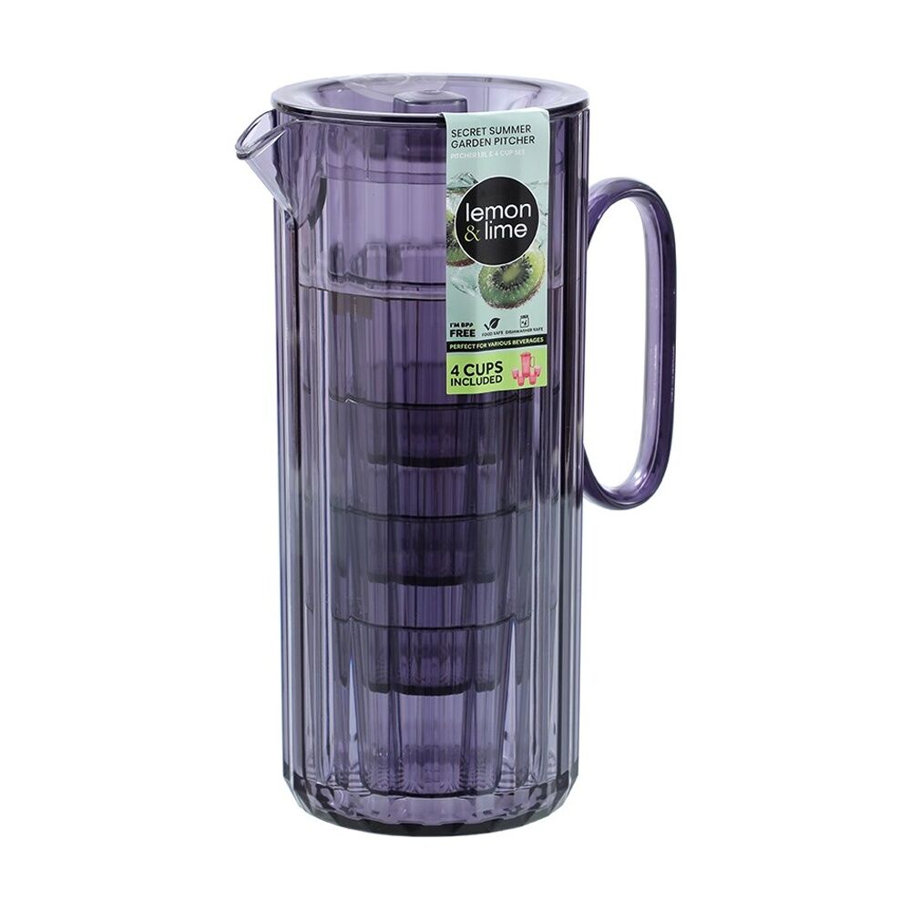 3x Lemon And Lime Secret Summer Garden Pitcher W/ 4 Cup Jug Set 1.9L/370ml Assorted