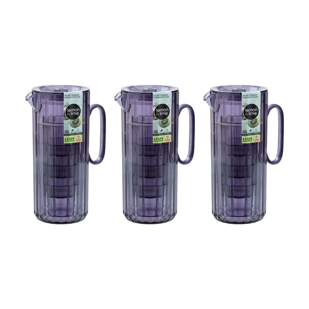 3x Lemon And Lime Secret Summer Garden Pitcher W/ 4 Cup Jug Set 1.9L/370ml Assorted