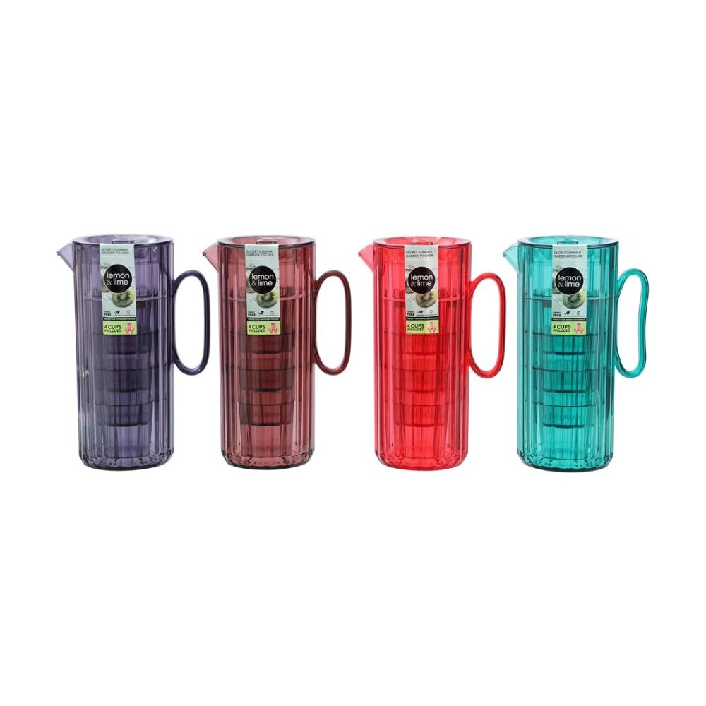 3x Lemon And Lime Secret Summer Garden Pitcher W/ 4 Cup Jug Set 1.9L/370ml Assorted